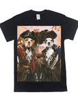 Black Gildan t-shirt featuring three pets (two bulldogs, one pug) dressed as pirates with swords.