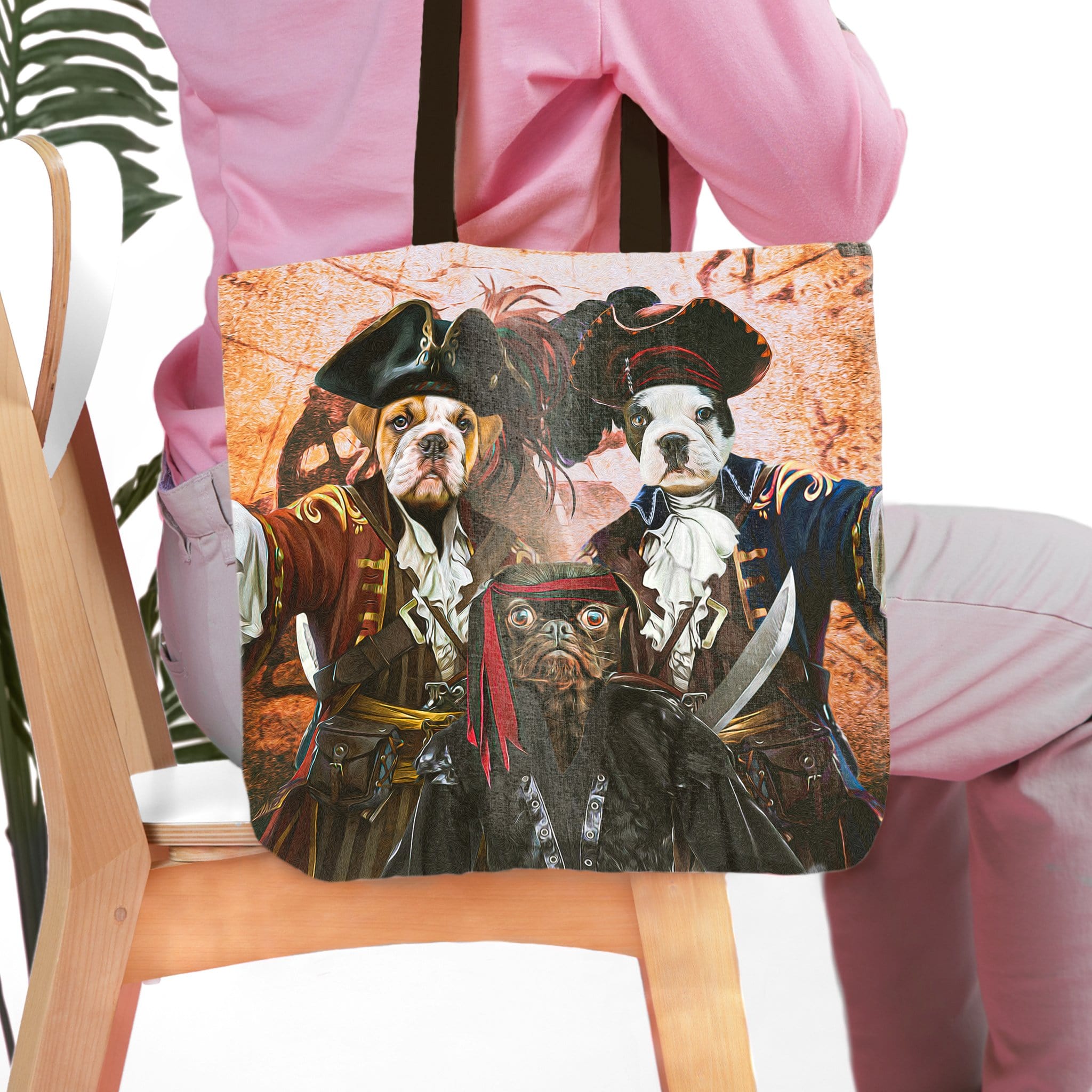 Personalized 3-pet pirate portrait tote bag with bulldog and pug in renaissance costumes.