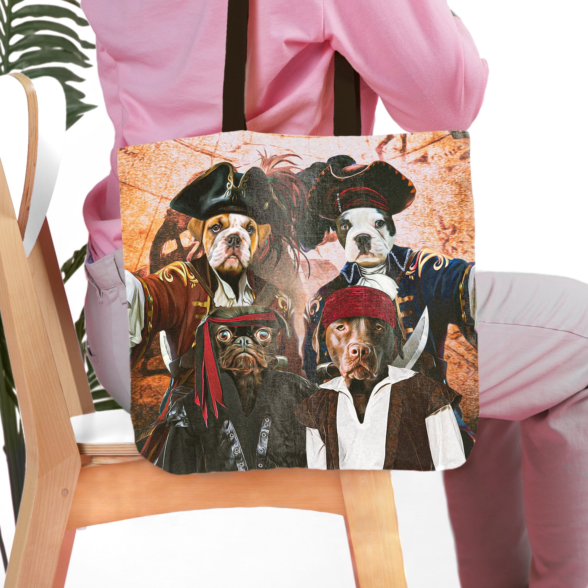 Personalized 'The Pirates' tote bag featuring four custom pet portraits dressed as pirates.