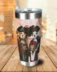 Personalized stainless steel tumbler with four pets dressed as pirates on a map background.