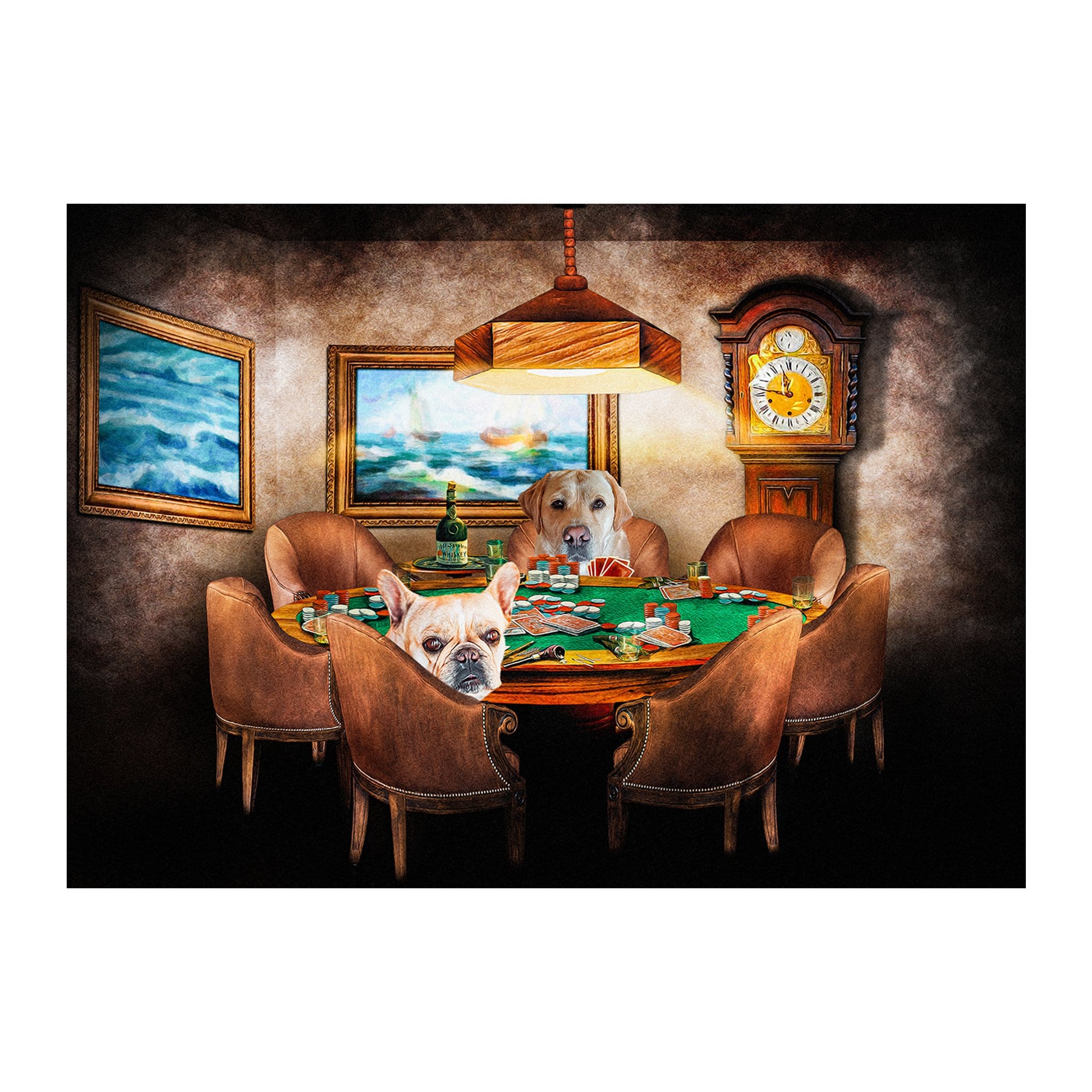 Custom digital portrait of two pets, a French Bulldog and a Labrador, playing poker.