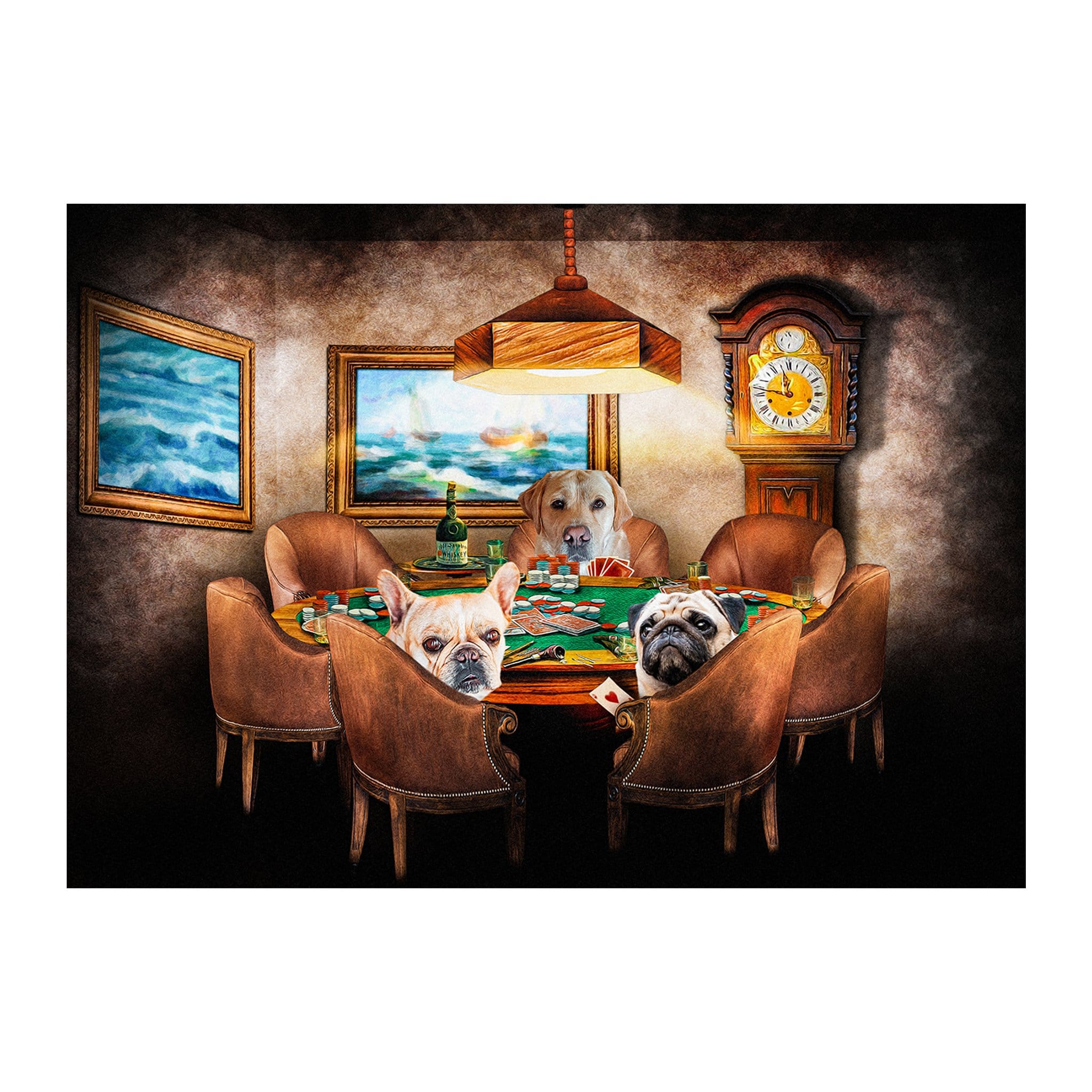 Custom digital portrait of three pets (Labrador, French Bulldog, Pug) playing poker at a table.