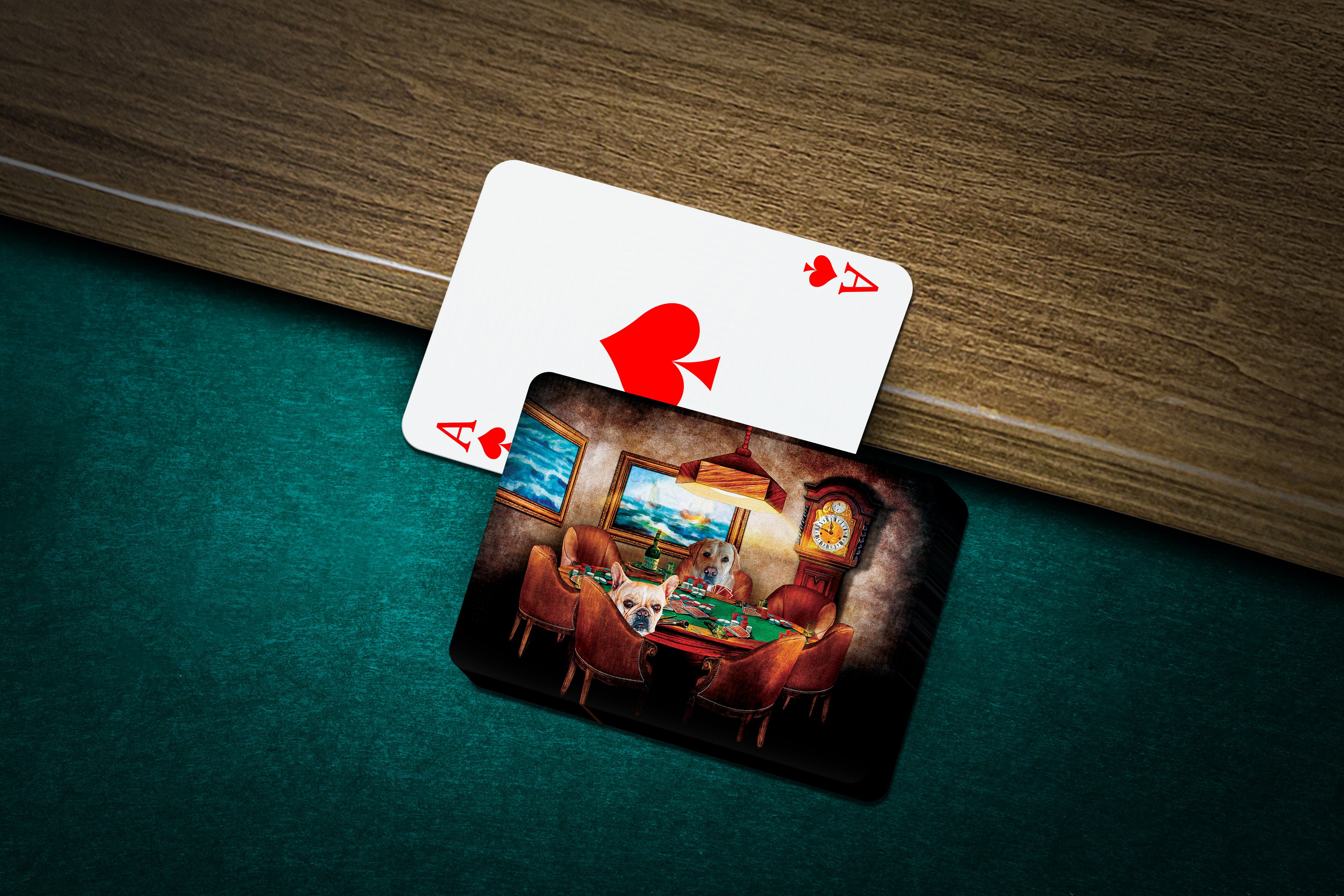 Personalized playing cards featuring two pets in a Renaissance-style poker game.