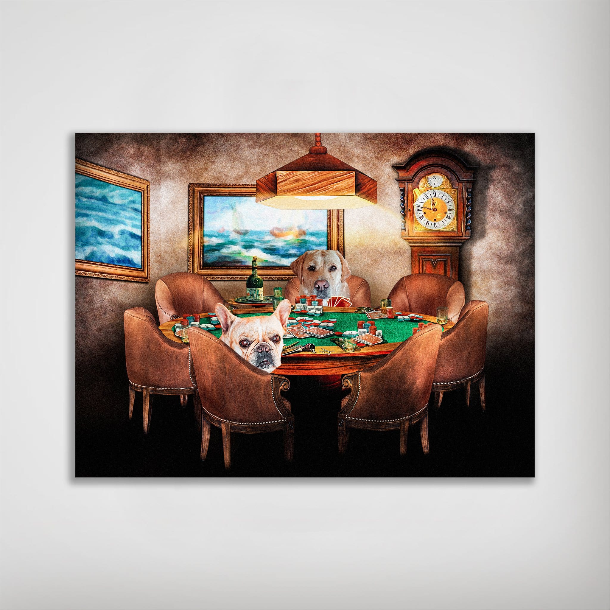 Personalized 'The Poker Players' pet poster featuring a yellow lab and French bulldog at a poker table.