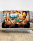 Custom personalized blanket with three pet dogs playing poker in a renaissance-style watercolor portrait.