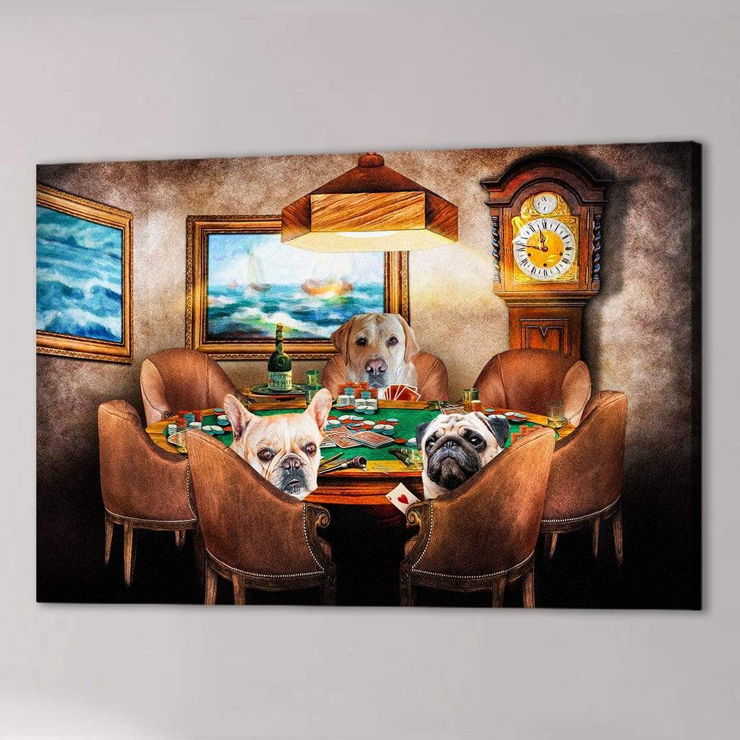Custom canvas print of three pets playing poker at a green table with brown chairs and a grandfather clock.