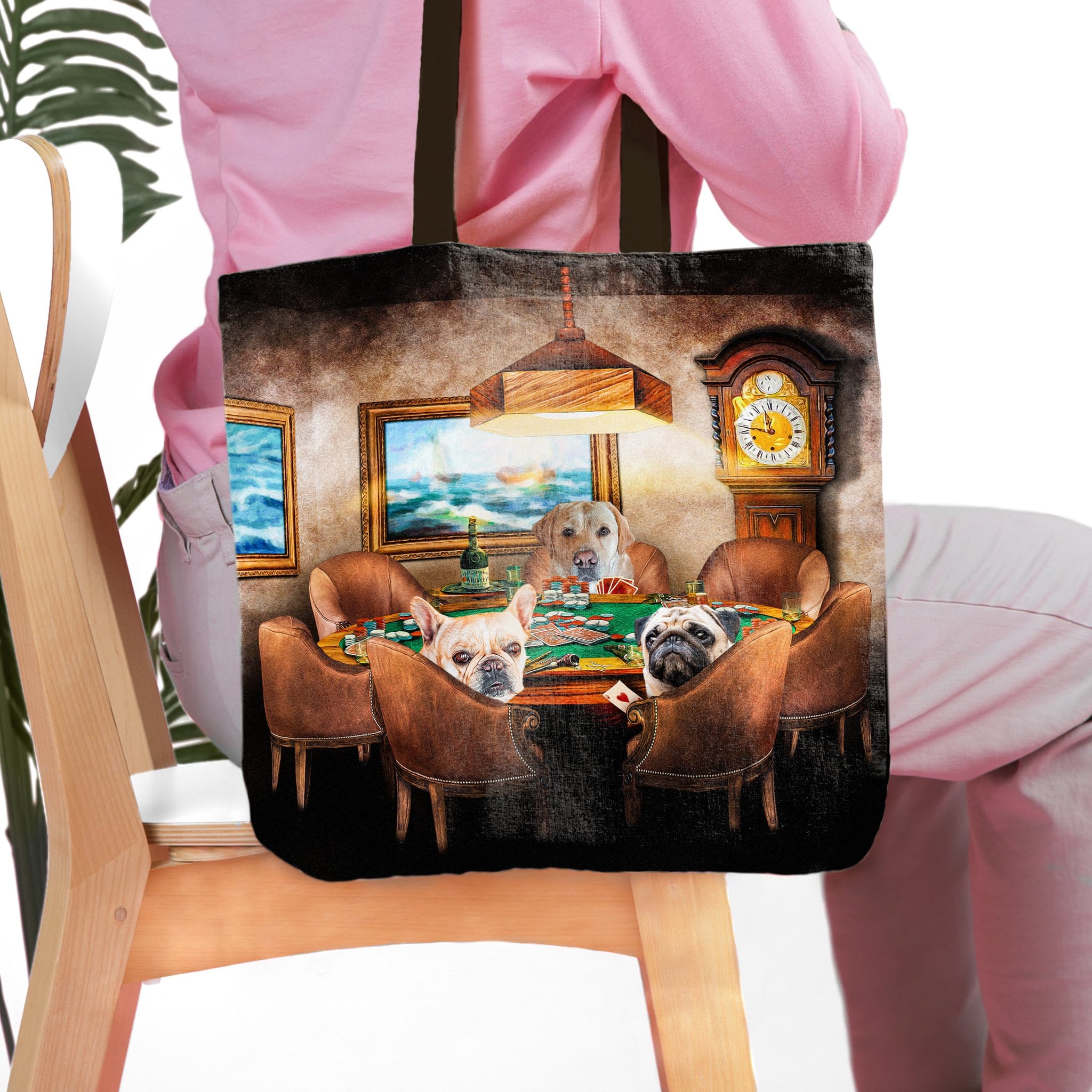 Personalized 3-pet tote bag featuring dogs in a "Poker Players" renaissance-style portrait.