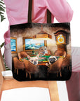 Personalized 3-pet tote bag featuring dogs in a "Poker Players" renaissance-style portrait.