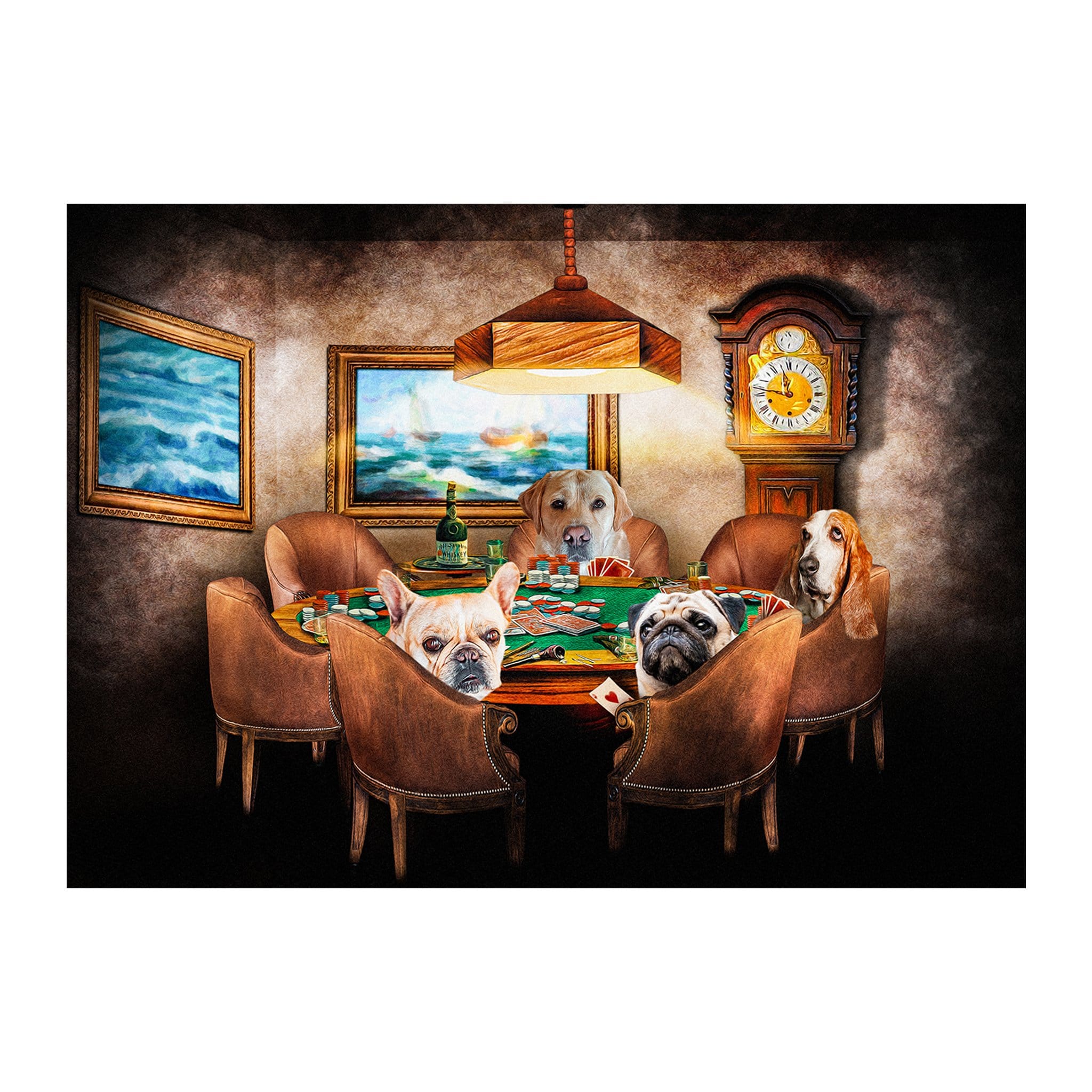 Personalized digital portrait of four pets as poker players in a classic art style.