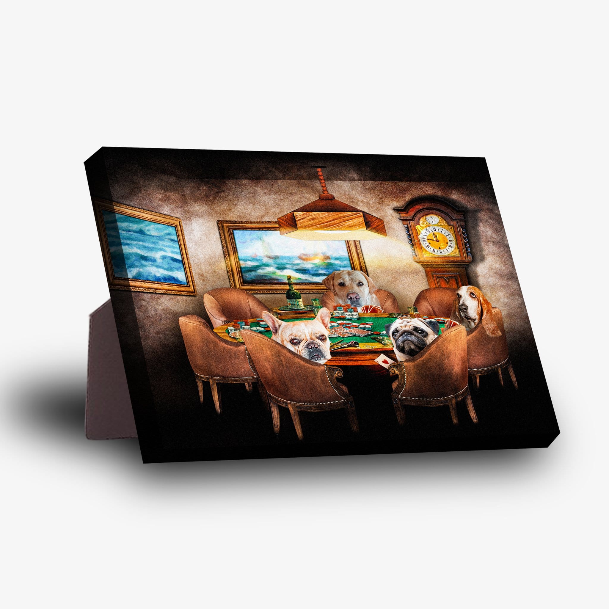 Personalized 'Poker Players' standing canvas featuring four pets as poker players around a table.
