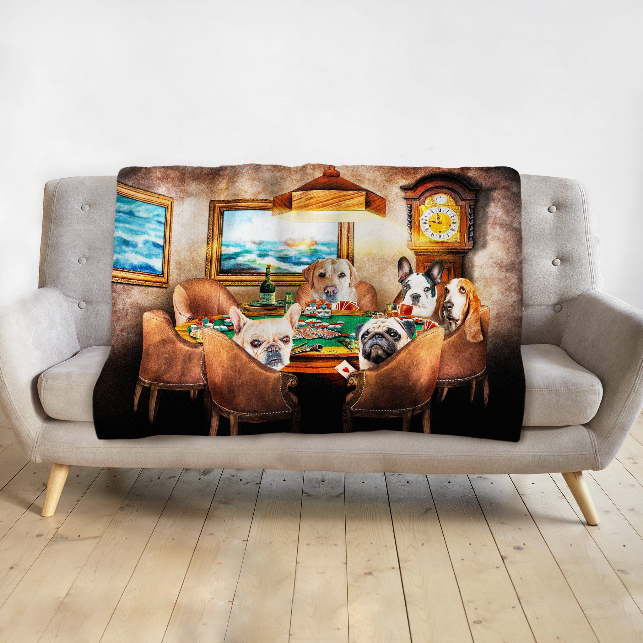 Personalized pet blanket with 5 dogs in a "Poker Players" renaissance portrait style.