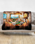 Personalized pet blanket with 5 dogs in a "Poker Players" renaissance portrait style.