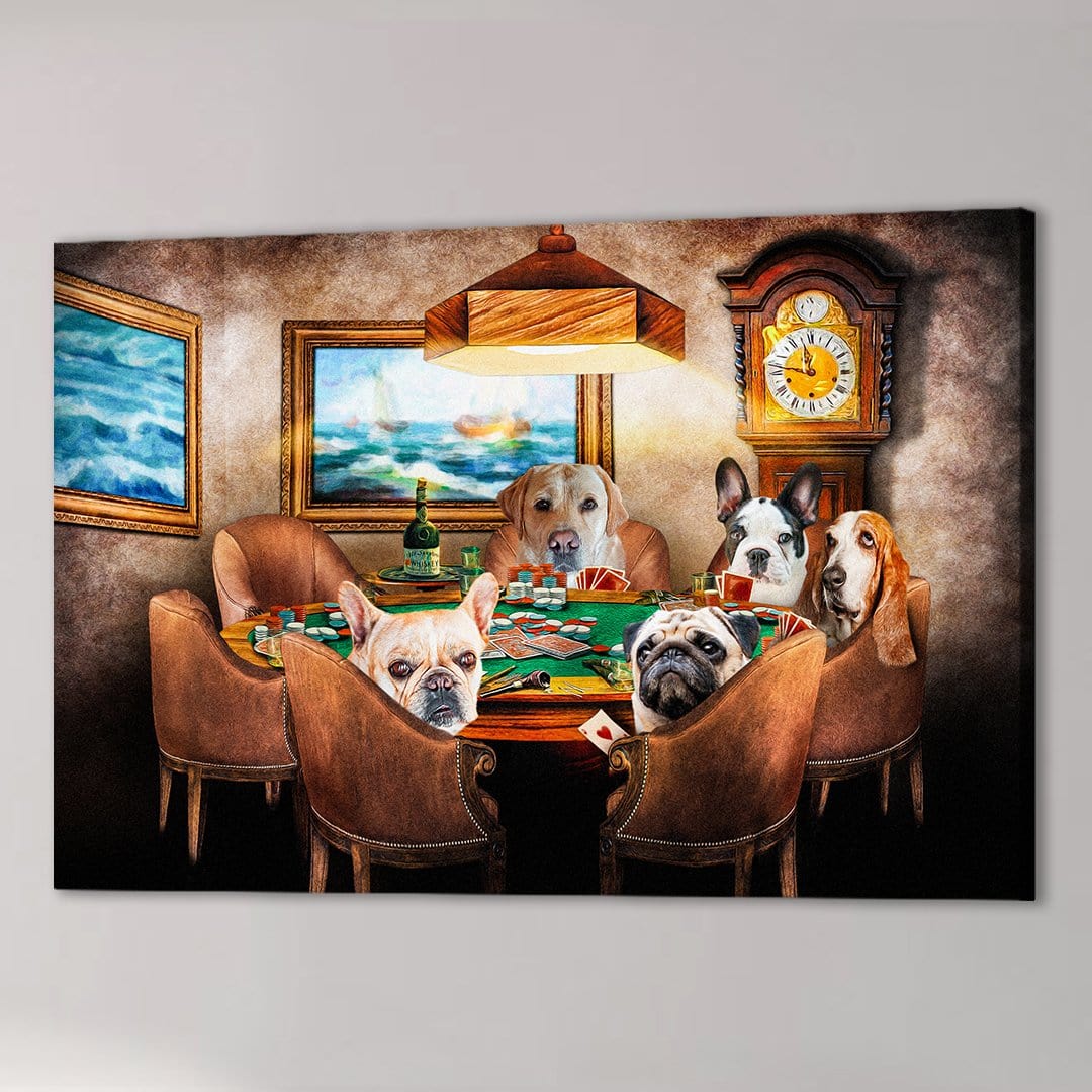 Personalized canvas print of five pets playing poker around a green table in a dimly lit room.