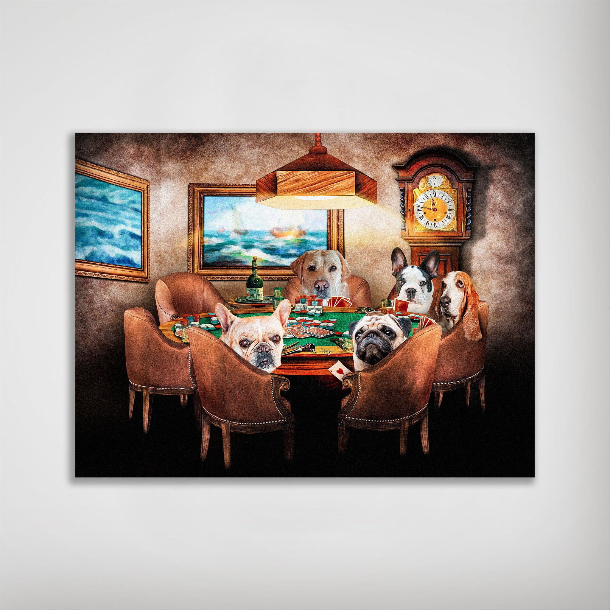 Personalized 'The Poker Players' matte poster featuring five pets as poker players in a classic art style.