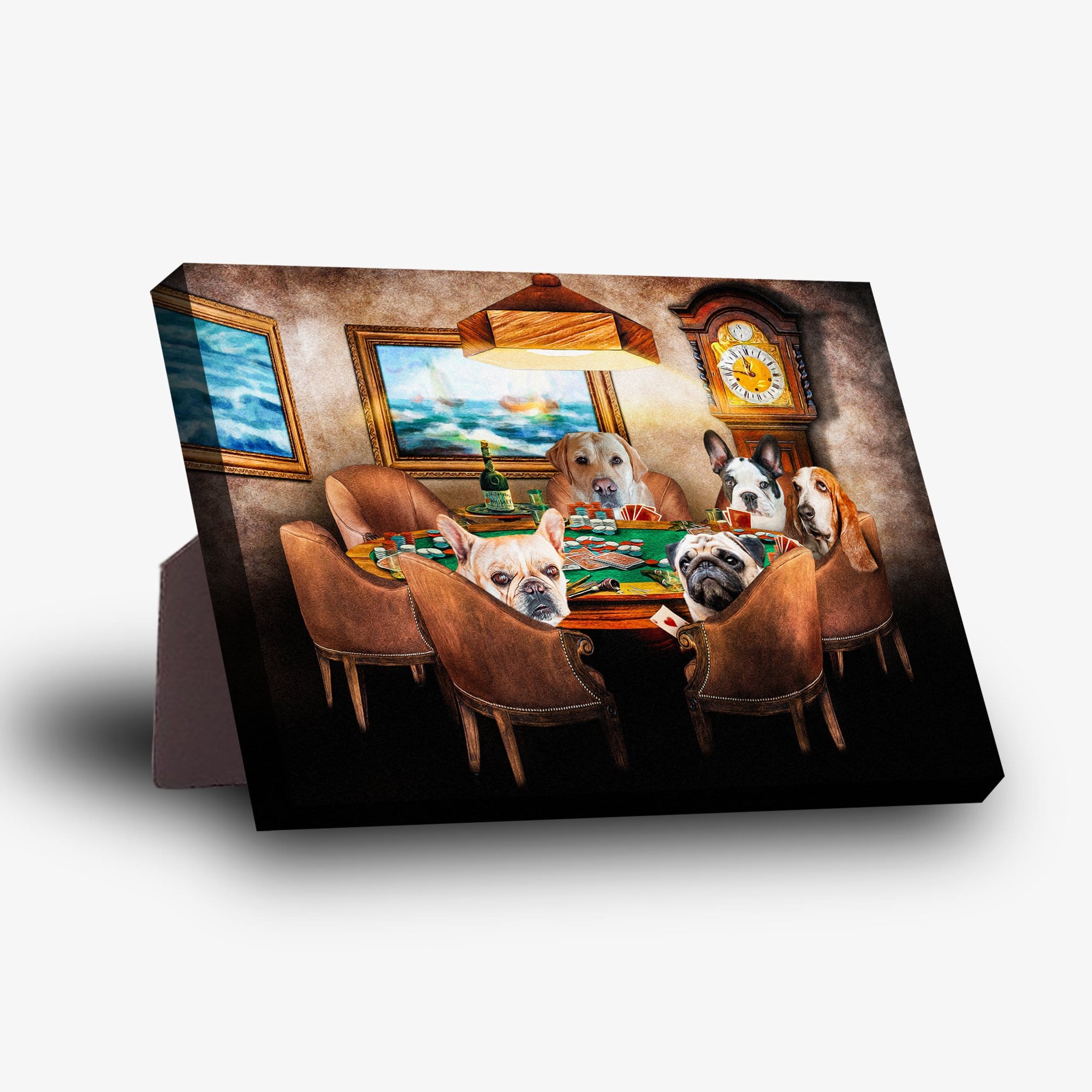 Personalized 5-pet poker players canvas featuring dogs, with a sturdy stand for display.