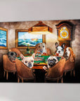 Personalized canvas print depicting six dogs playing poker around a green table under a lamp.