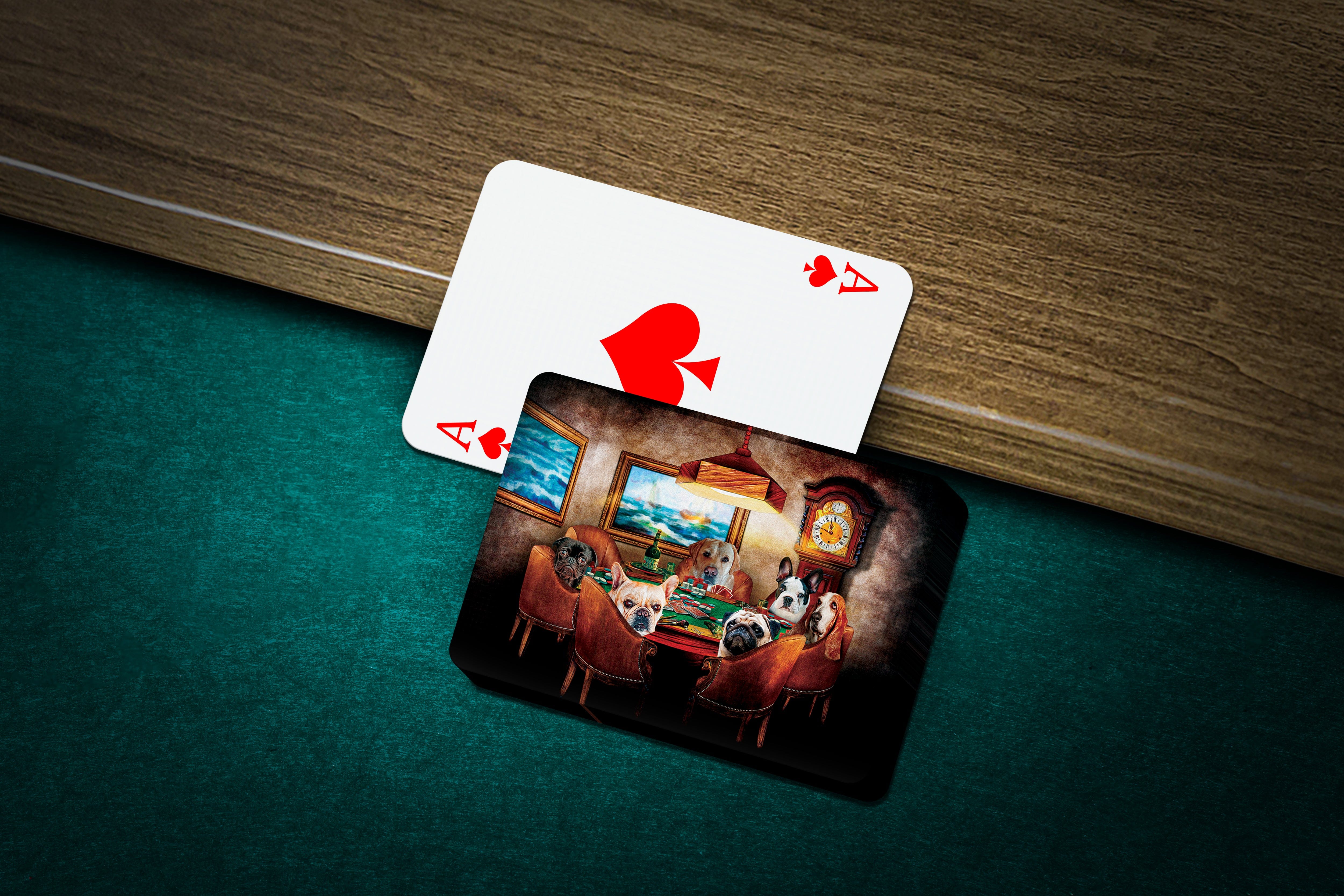 Personalized playing cards featuring a custom pet portrait of six dogs playing poker.