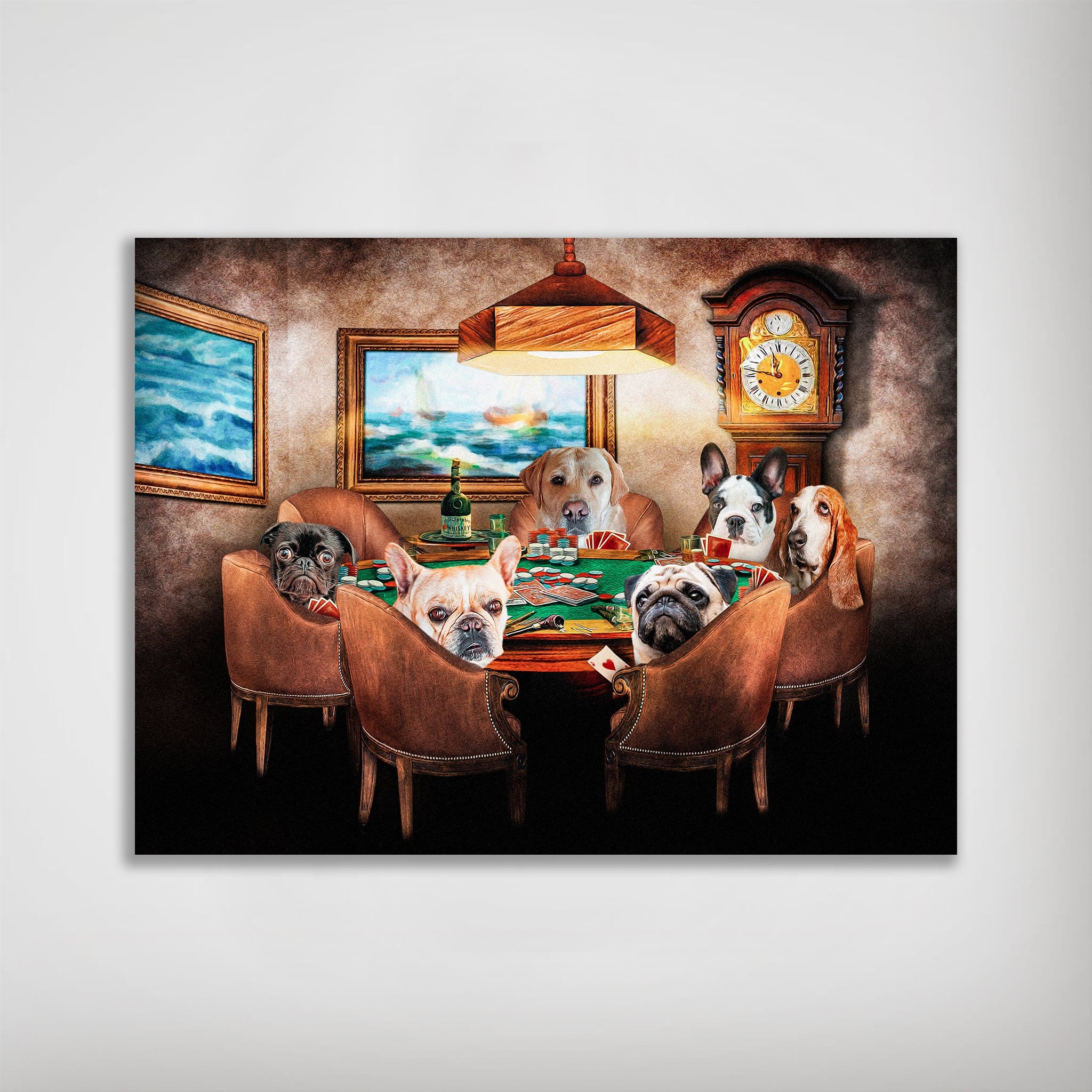 Personalized poster featuring six pets as poker players around a table, with a lamp and clock.