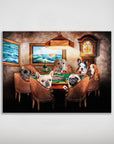 Personalized poster featuring six pets as poker players around a table, with a lamp and clock.