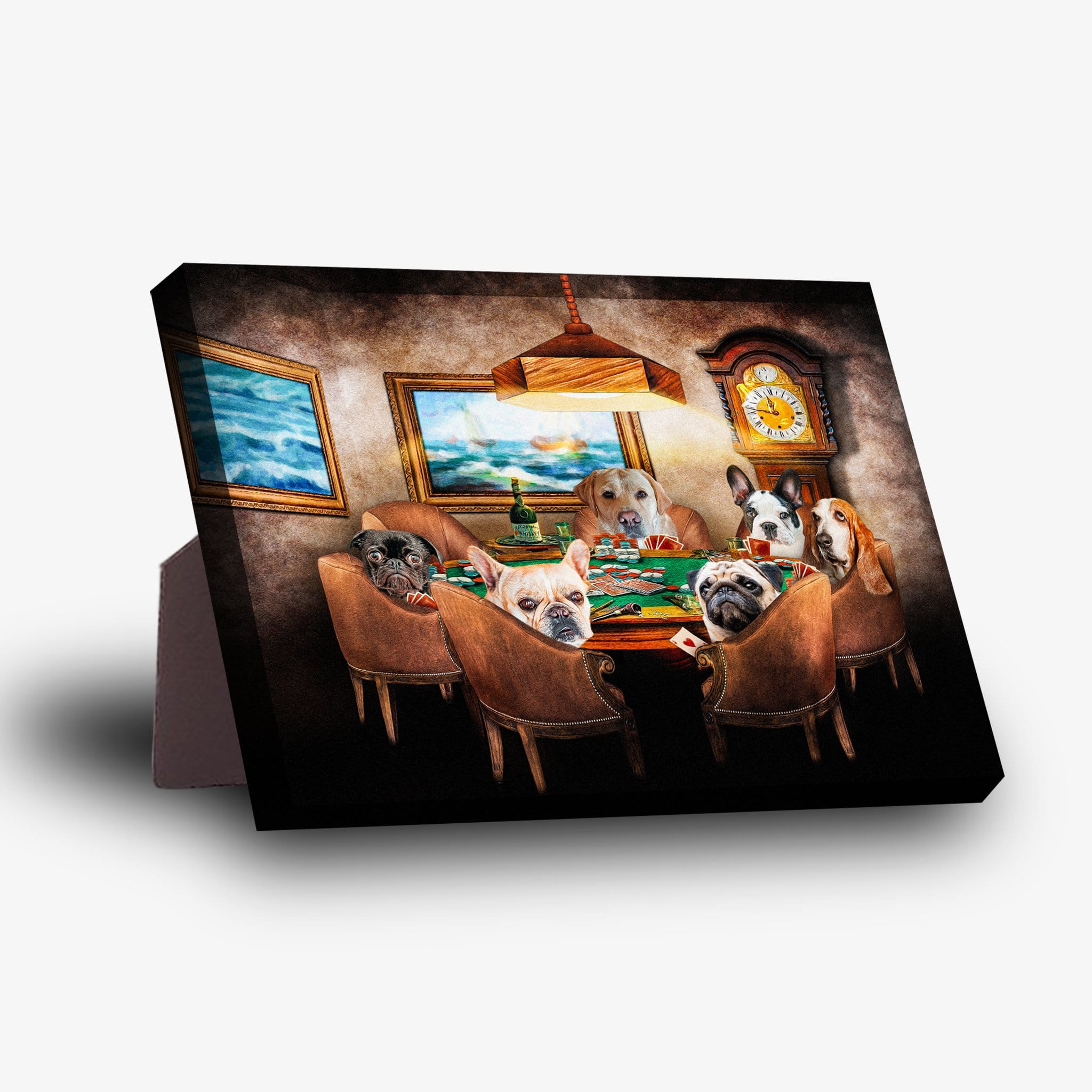 Personalized standing canvas featuring six pets as poker players in a classic art style.