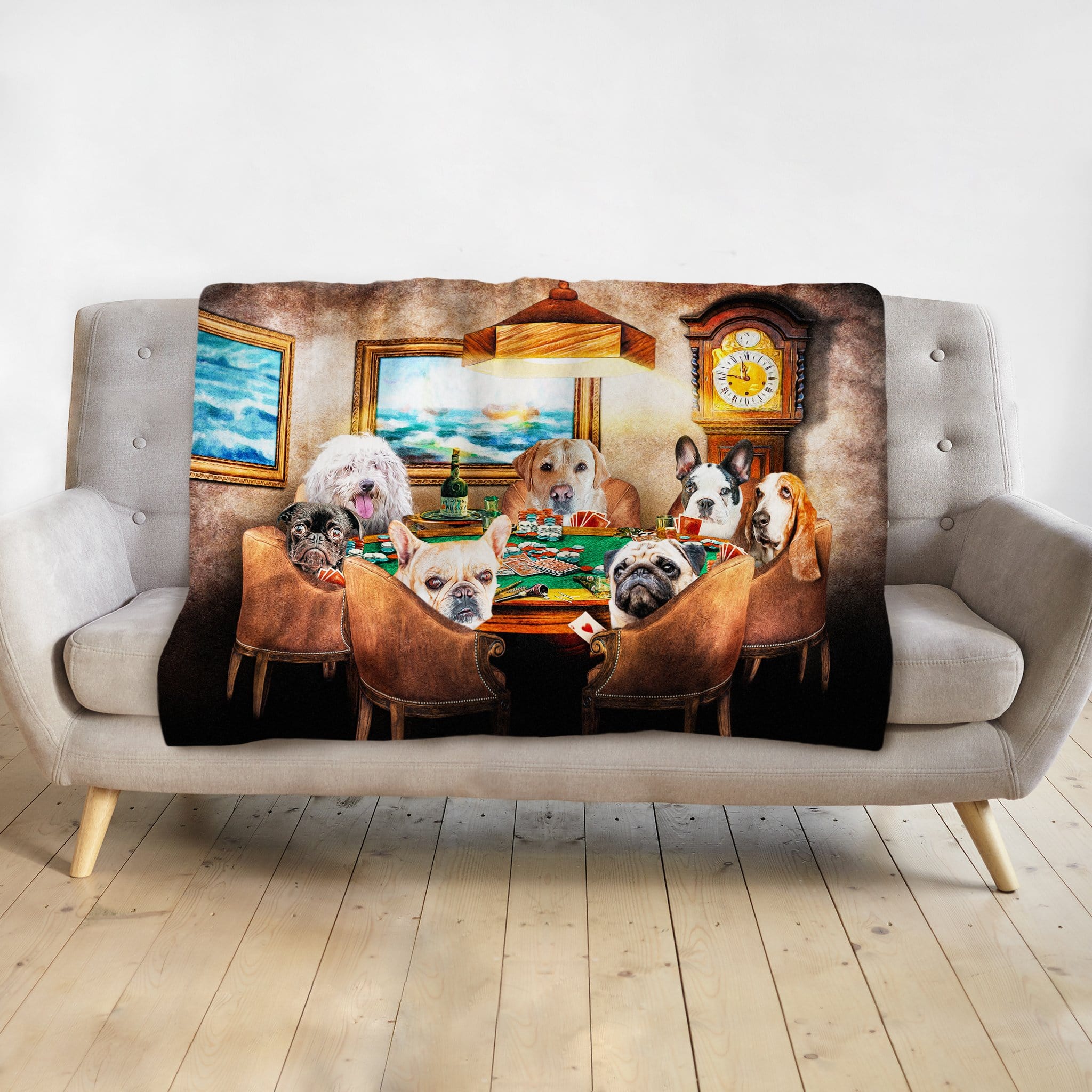 Personalized pet portrait blanket featuring seven dogs playing poker in a renaissance style.