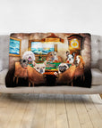Personalized pet portrait blanket featuring seven dogs playing poker in a renaissance style.
