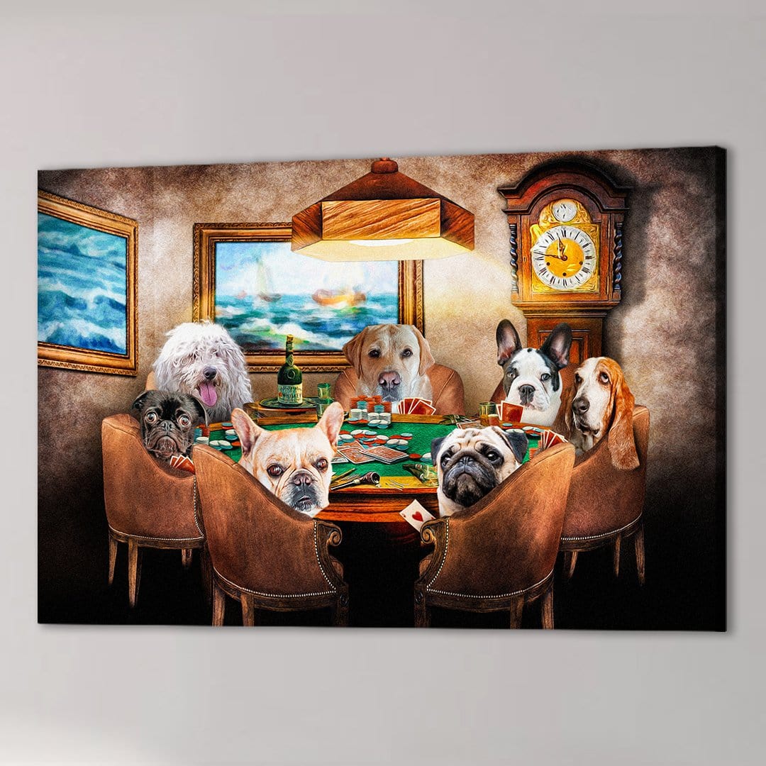 Personalized canvas print depicting seven diverse dogs playing poker around a table in a dimly lit room.