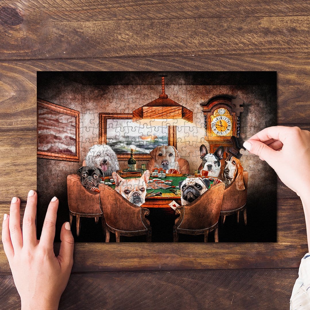 Custom personalized puzzle featuring seven dogs playing poker in a renaissance style.