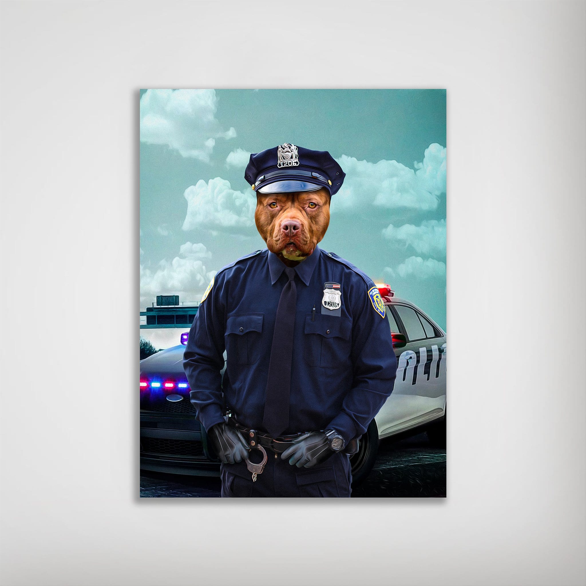 Personalized matte poster featuring a pit bull's head on a police officer's body, standing in front of a patrol car.