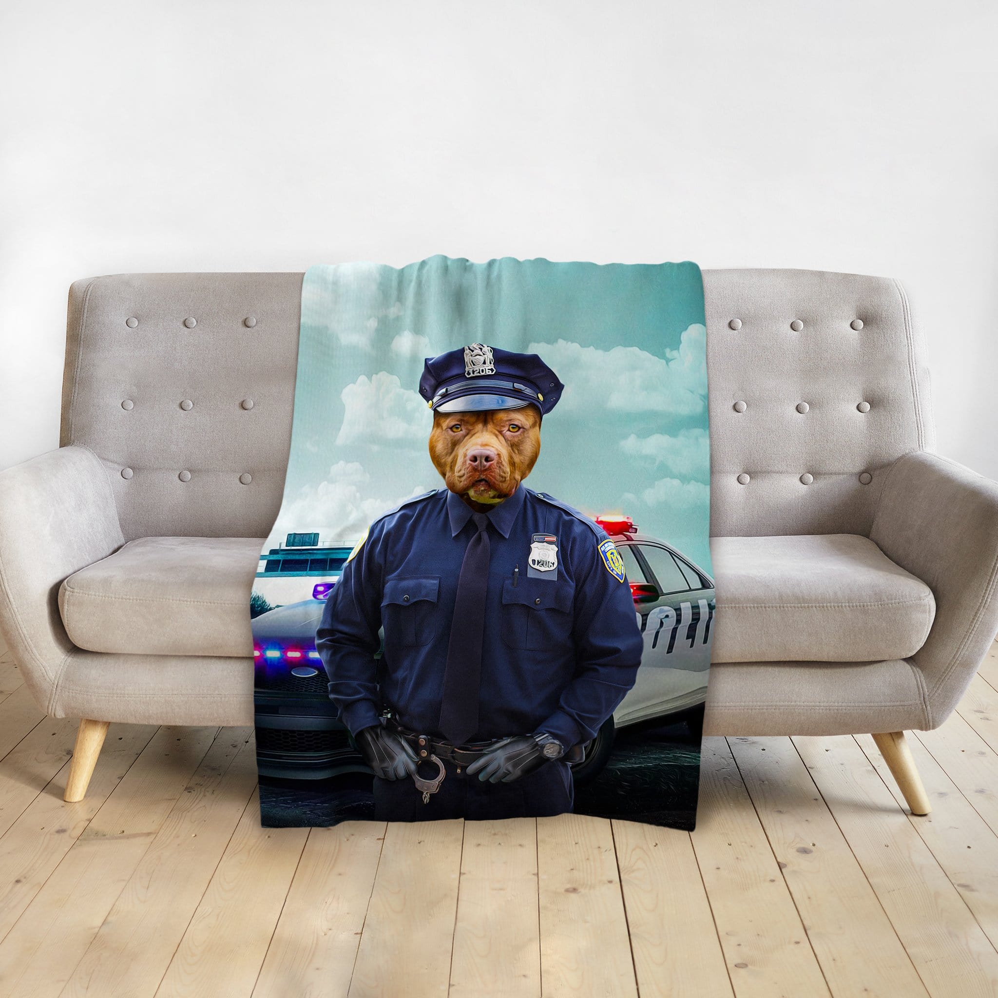 Personalized pet blanket featuring a dog in a police officer uniform with a police car background.
