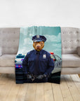Personalized pet blanket featuring a dog in a police officer uniform with a police car background.