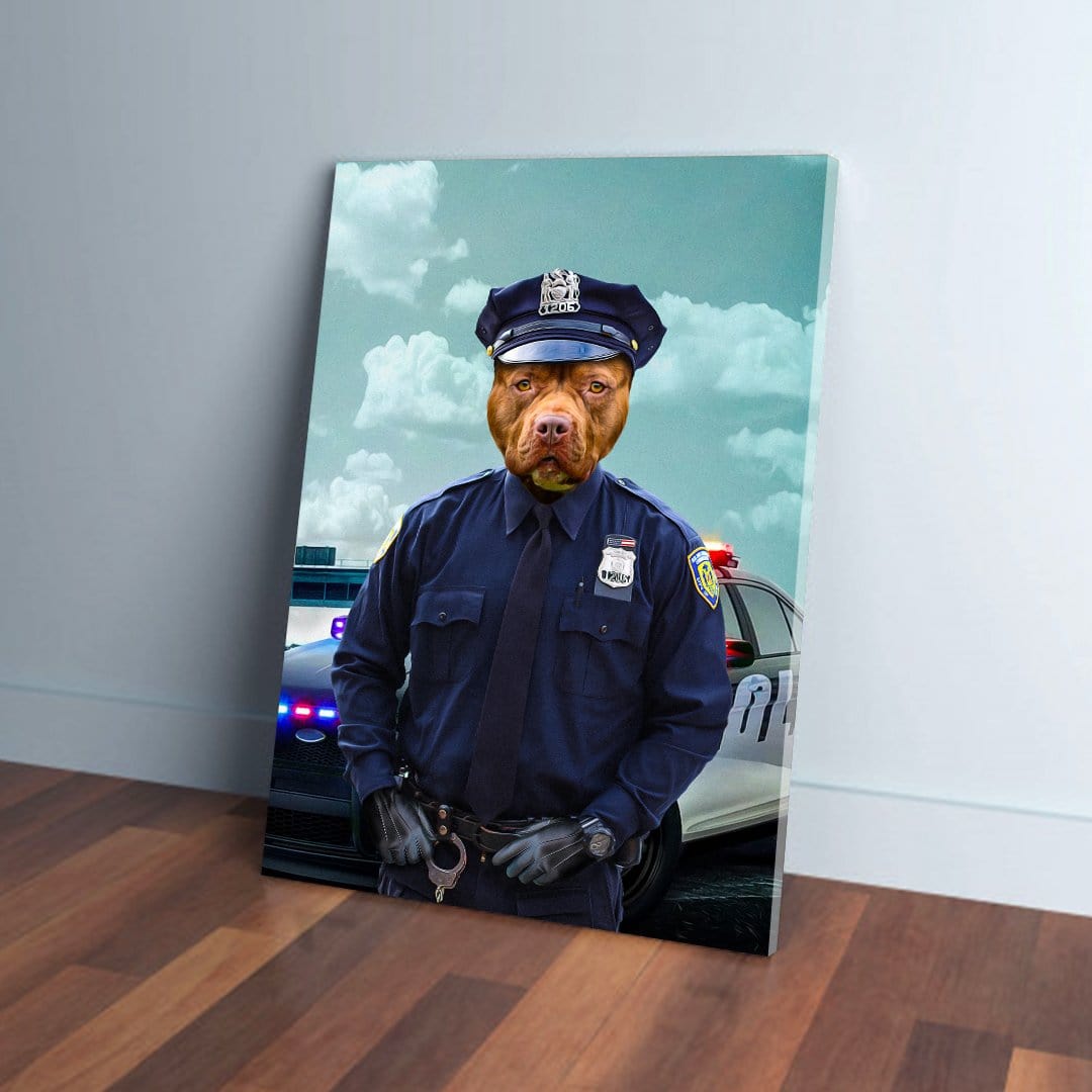 Custom canvas featuring a pit bull's head on a police officer's body in a blue uniform, standing by a patrol car.