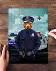 Personalized pet puzzle featuring a pit bull dog in a police officer uniform, with hands assembling it.