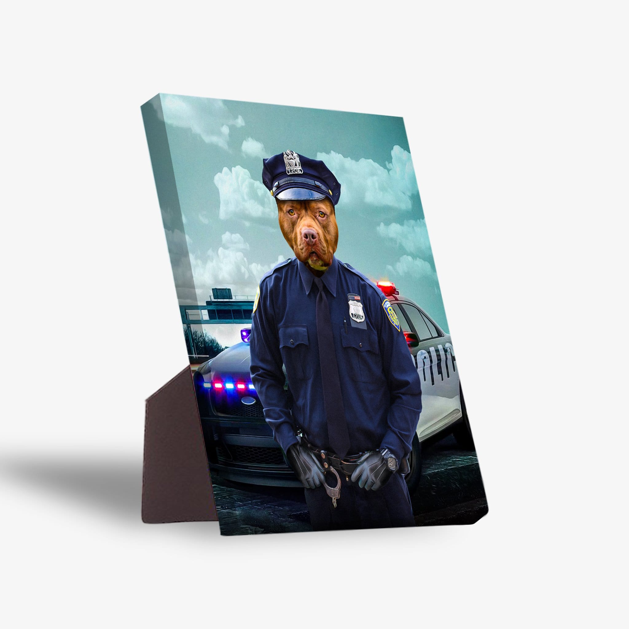Personalized pet standing canvas featuring a pit bull's head on a police officer's body with a patrol car.