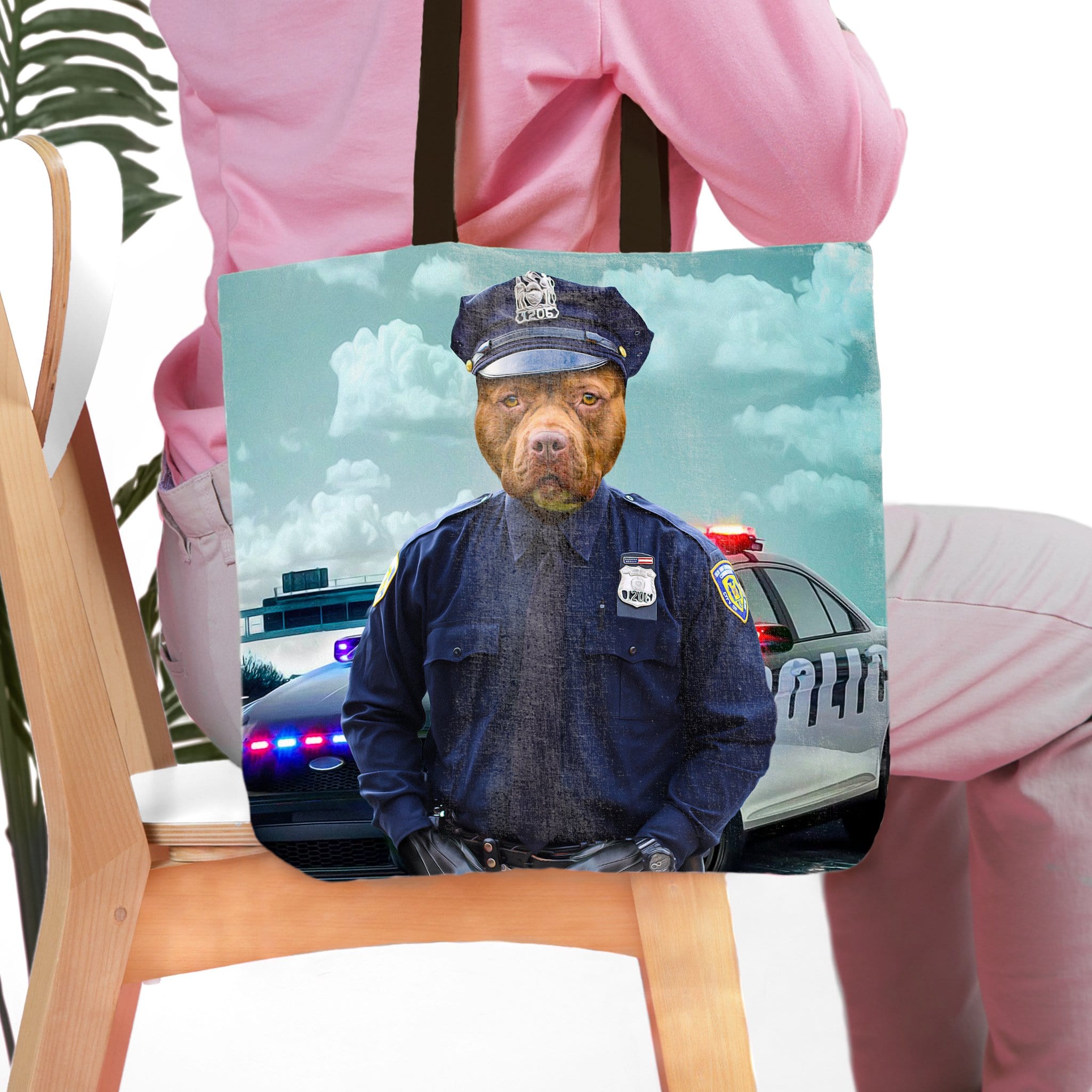 Personalized tote bag with a custom pet portrait of a dog as a police officer.