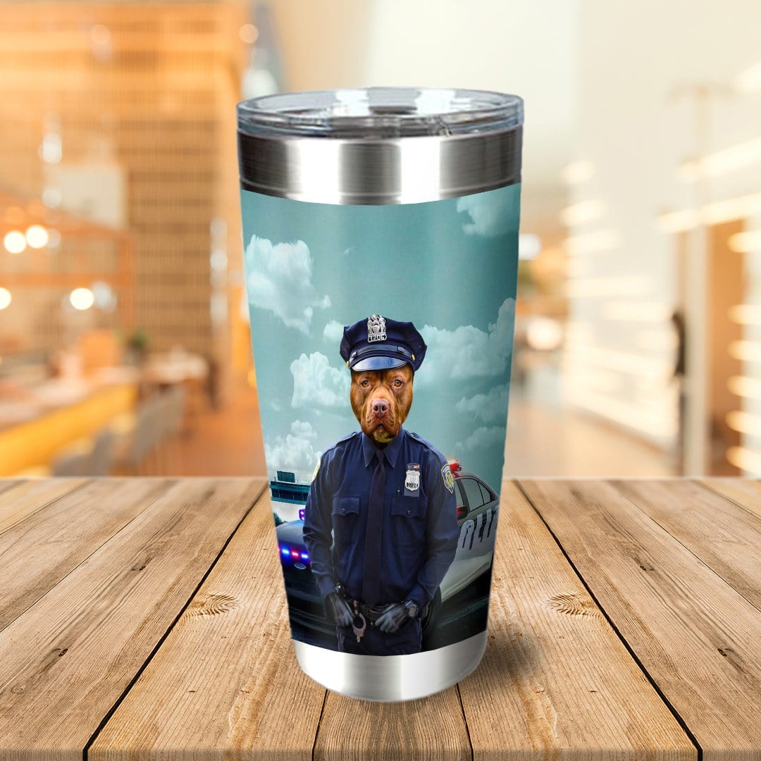 Personalized stainless steel tumbler with a pit bull dog portrait dressed as a police officer.