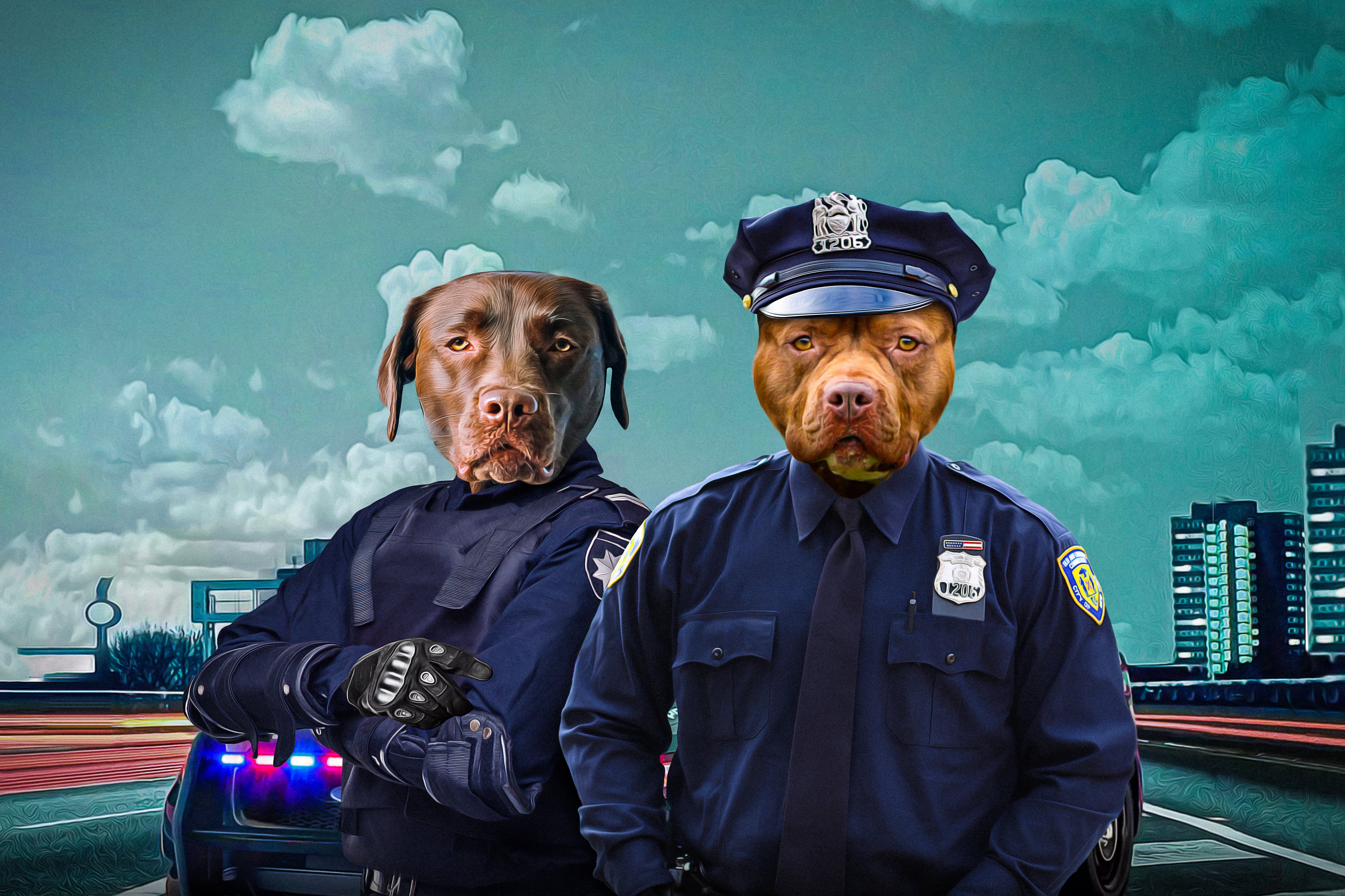 Custom digital portrait of two pets as police officers, a chocolate lab and a pit bull.