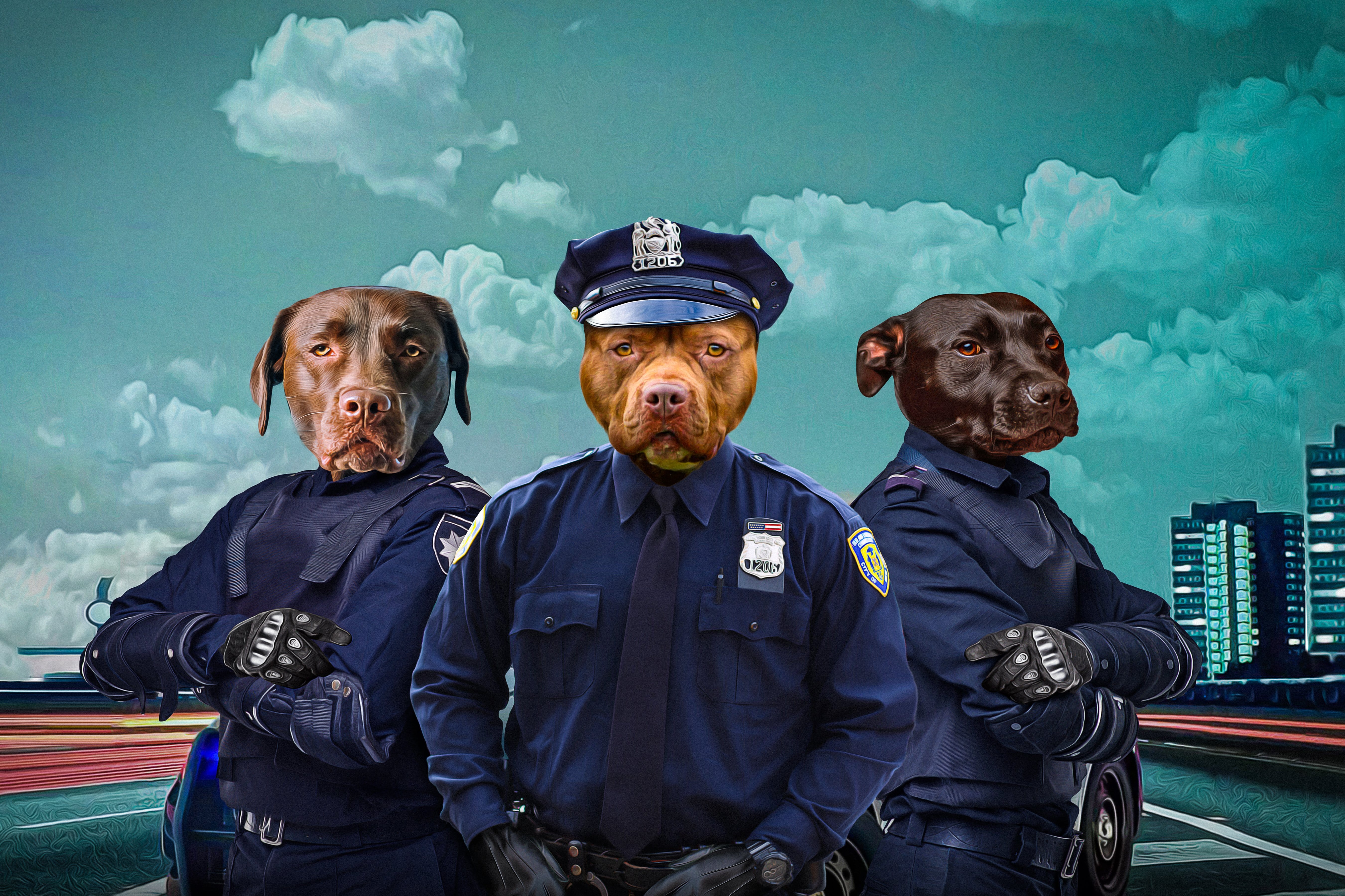 Custom digital portrait of three pets as police officers in uniform.