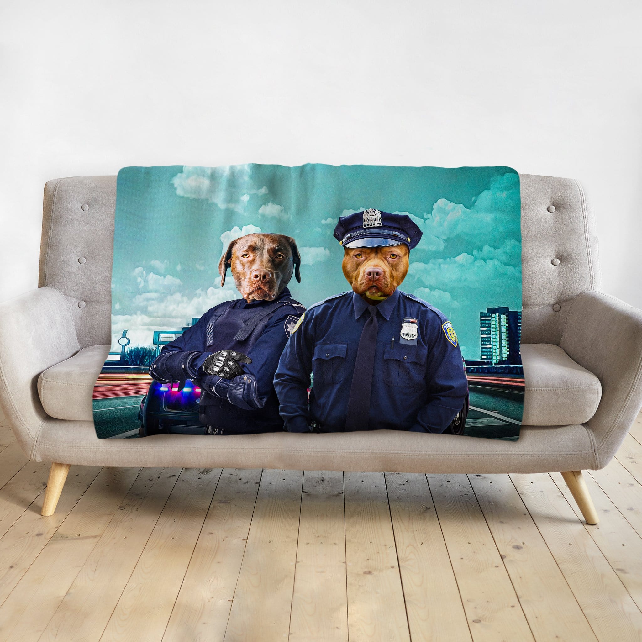 Custom personalized 2-pet blanket featuring dogs in police officer portraits on a blue cityscape background.
