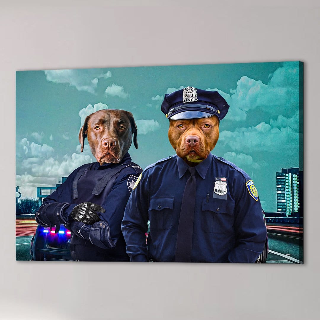 Personalized canvas art featuring two dogs dressed as police officers in a city scene.