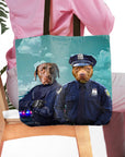 Personalized 2-pet tote bag featuring dog portraits as police officers on a blue sky background.