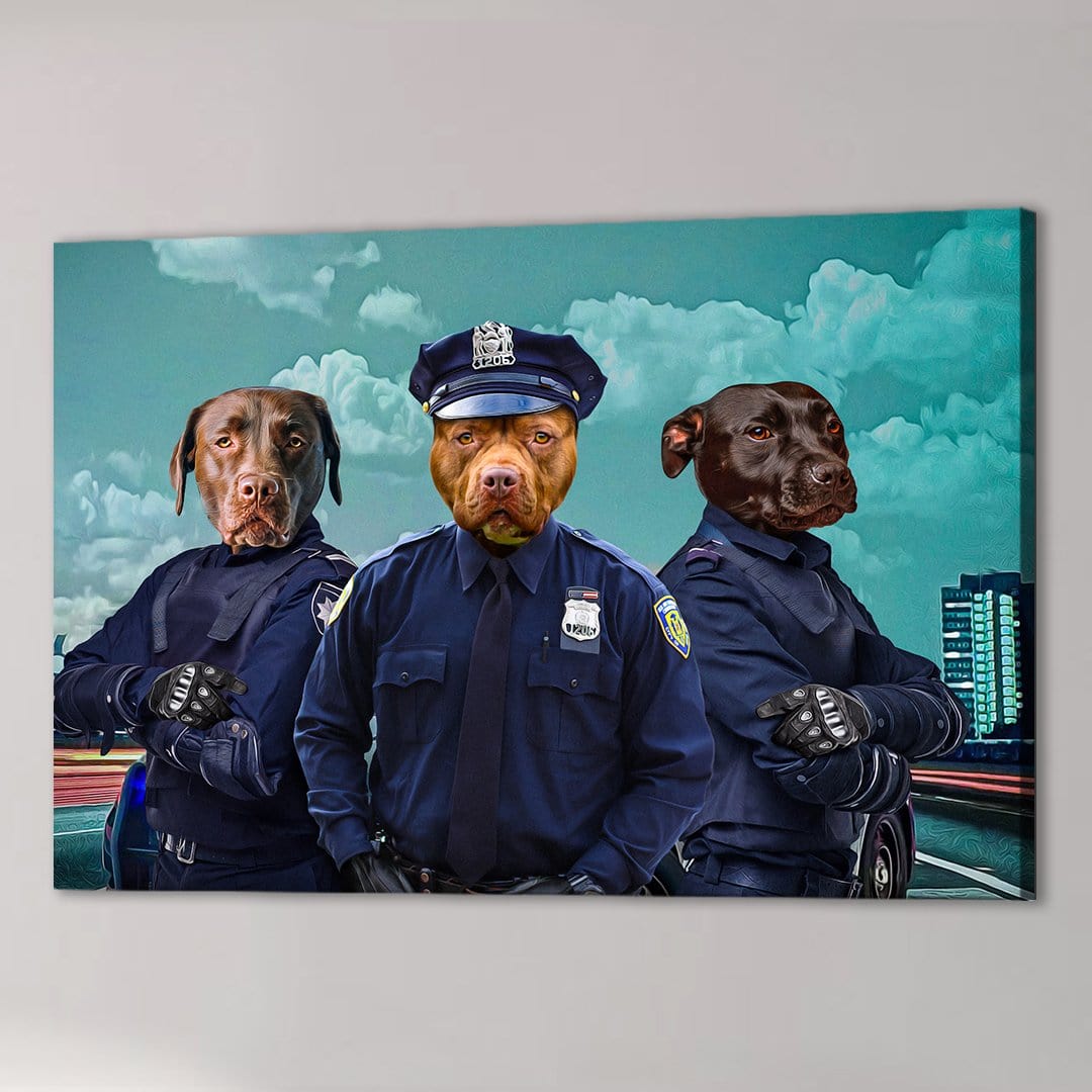 Custom canvas of three dogs in blue police officer uniforms with a city skyline background.