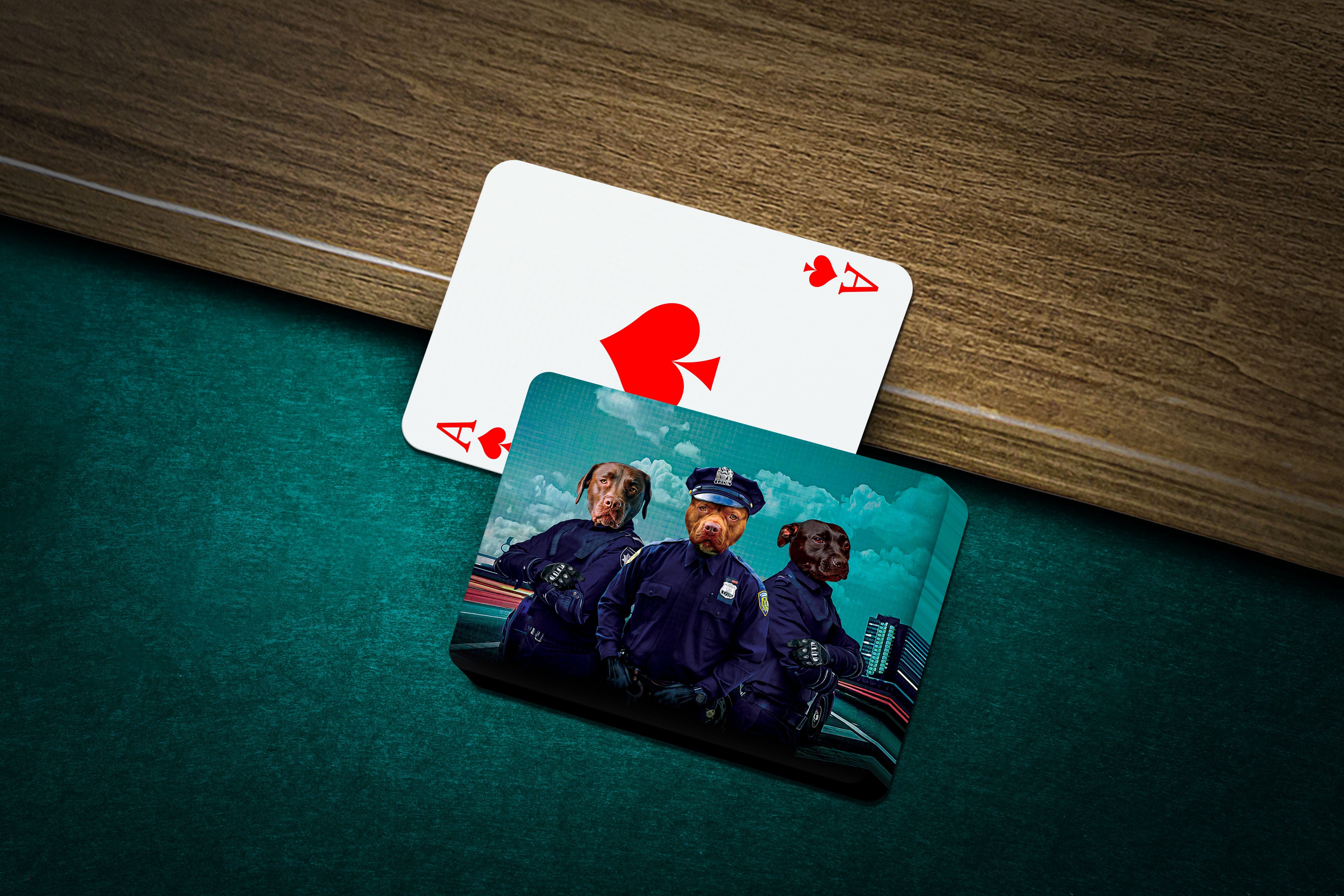 Personalized playing cards featuring three dogs in police officer uniforms.