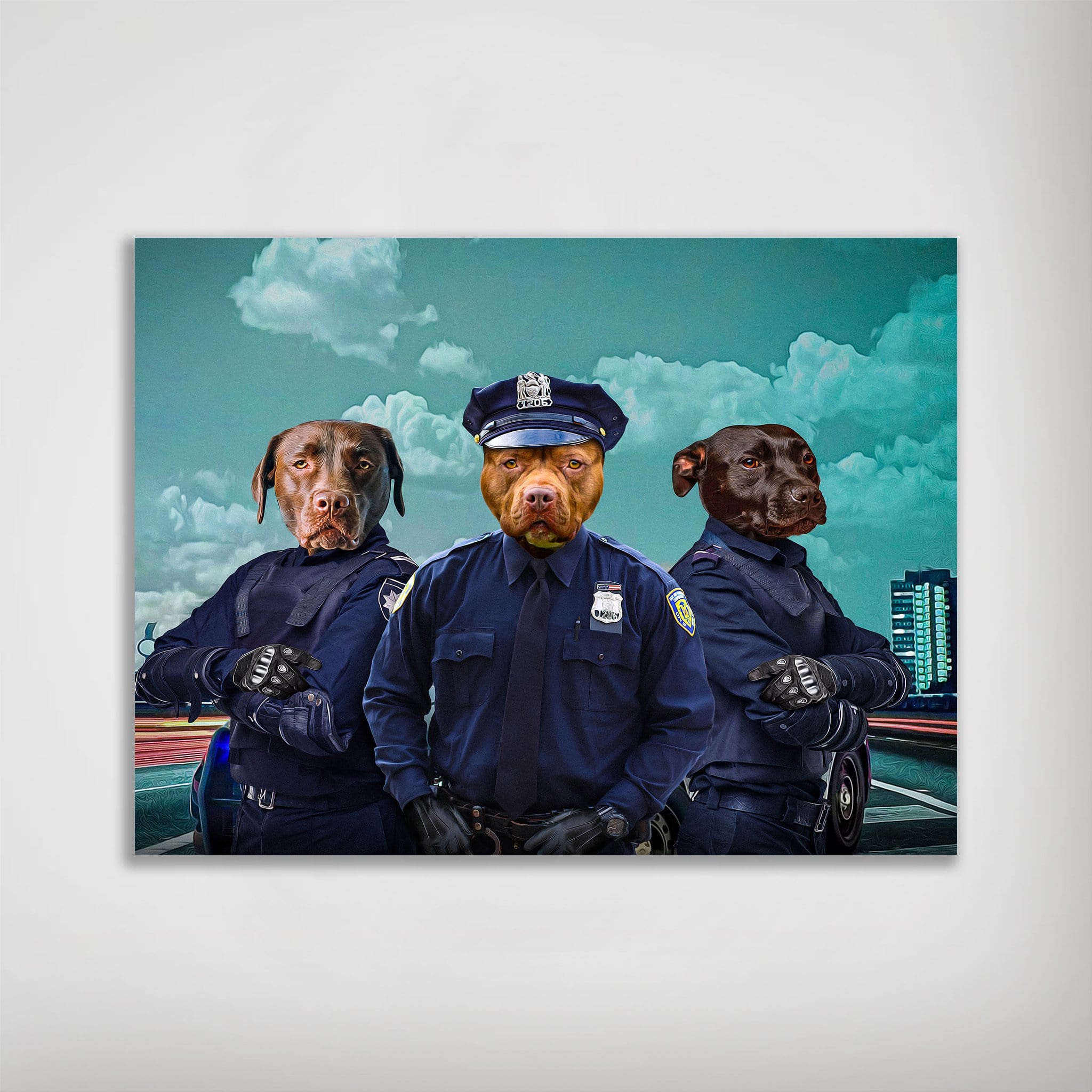 Personalized 'Police Officers' 3 pet poster featuring dogs in blue uniforms against a city skyline.