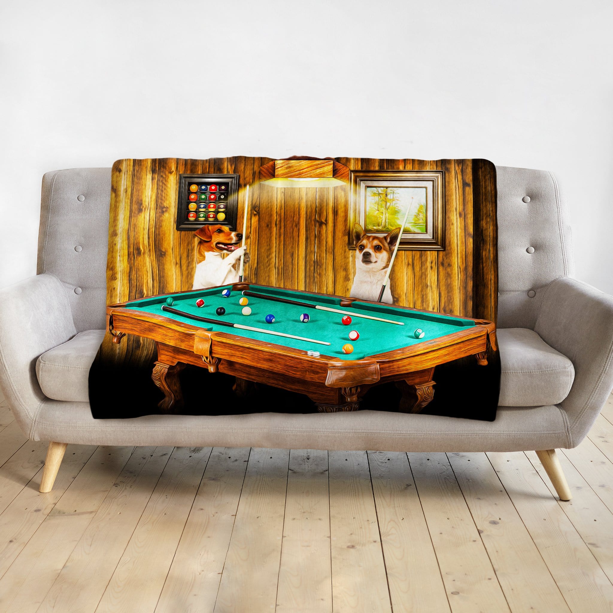 Personalized 2 pet blanket with dogs playing pool in a wood-paneled room.