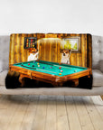 Personalized 2 pet blanket with dogs playing pool in a wood-paneled room.