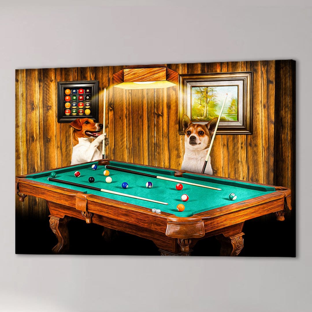 Two dogs playing pool on a green felt table, personalized canvas art with wood paneling.