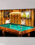 Two dogs playing pool on a green felt table, personalized canvas art with wood paneling.