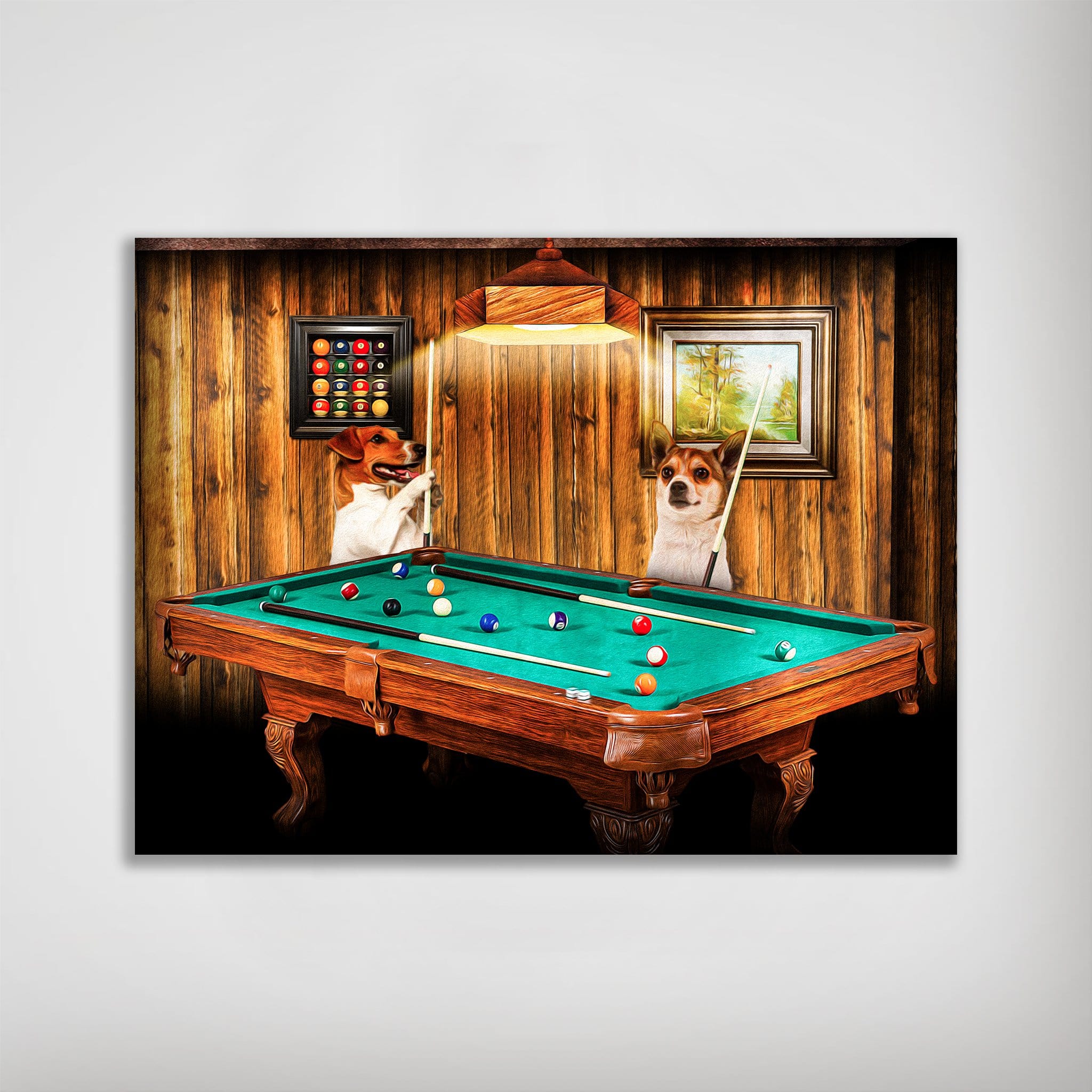 Personalized "Pool Players" poster featuring two dogs playing billiards in a rustic room.