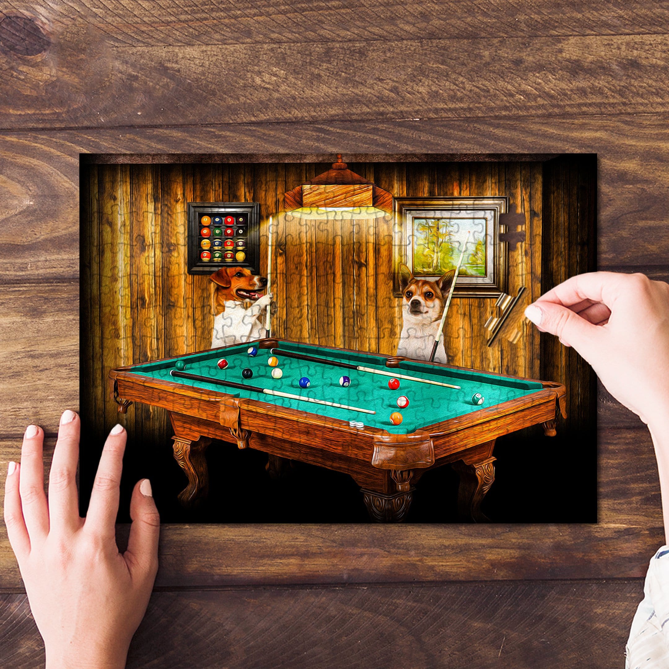 Personalized 2-pet puzzle featuring dogs playing pool in a custom renaissance style.